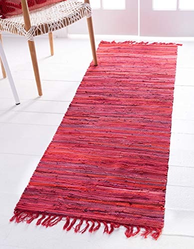 Unique Loom Chindi Cotton Collection Soft Hand Woven Natural Fiber Striped Area Rug, 2 ft 2 in x 6 ft 7 in, Red/Purple - color: Red/Purple, size: 2'2" x 6'7" (Runner)