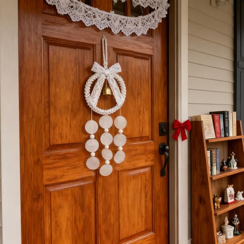Macrame Dream Catcher Wall Hanging with Shell Wind Chime & Gold Bell - Handmade Boho Woven Ornament for Bedroom Living Room Nursery Christmas Home Decor - color: Shell