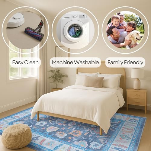 Fame Rugs Blue Modern Oushak Rug 2x3, Vintage Doormat Turkish Colorful Oriental Antique Inspired Washable Small Area Rug, Luxury Living Room Bedroom (387BNB, 2' x 3') - color: 387bnb, size: 2' x 3' (Doormat)