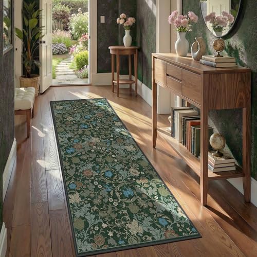 Forest Green Machine Washable Floral Runner Rug 2x6, Vintage Farmhouse Botanical Runner Rug, Non Slip Low Pile Thin Floor Rug for Hallway Kitchen Laundry Bedroom Bedside Indoor Entryway - color: Green, size: 2'x6'
