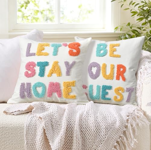 "Be Our Guest Boho Pillow Covers 18X18 Inch Decorative Words Tufted Throw Pillow Covers Farmhouse Pillow Case for Couch Sofa Bed Living Room Bedroom, Teal/Yellow/Lilac - color: Be Our Guest, size: 18" x 18" (Pack of 1)
