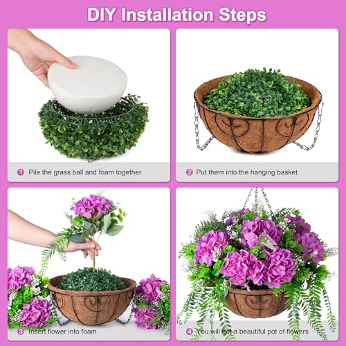 Ammyoo Artificial Flowers in Hanging Basket Planter for Home Spring Summer Decoration, Silk Hydrangea Outdoor Indoor Arrangements, 12" Metal Coconut Lining Basket with Faux Plant(Purple) - color: Z-purple With Basket