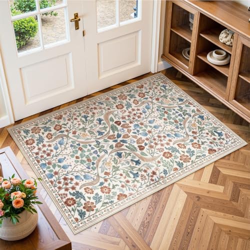 Moynesa Floral 2x3 Rugs for Entryway, Washable Kitchen Rug Non Slip Small Bathroom Throw Rug, Boho Flower Soft Ultra Thin Indoor Front Door Mat for Laundry Bedroom Entry, Beige - color: Beige, size: 2' x 3' (Rectangular)