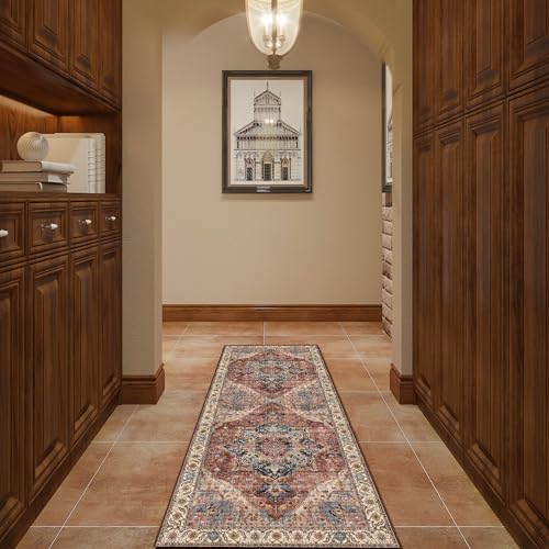 Deerly Vintage Runner Rug 2x6 Hallway Runners Boho Non-Slip Entryway Throw Rug Faux Wool Non-Slip Washable Low-Pile Floor Carpet for Indoor Front Entrance Kitchen Bathroom, Brickred/Multi - color: Brickred & Multi, size: 2' x 6' (Runner)