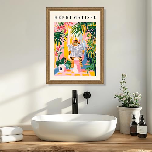 ICHZUMW Funny Tabby Cat Bathroom Wall Art, Framed Colorful Matisse Canvas Print Painting Artwork, Quirky Animal Reading Picture, Girly Pink Dopamine Wall Decor, Restroom Powder Room Bedroom, 16x24in - color: Matisse Reader, size: 24"L x 16"W