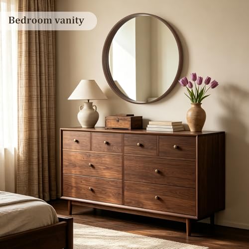 WallBeyond 36 Inch Round Wood Mirror, Large Circle Wooden Frame Wall Mirror for Bathroom, Living Room, Bedroom, Entryway (Walnut) - color: Walnut, size: 36"L x 36"W