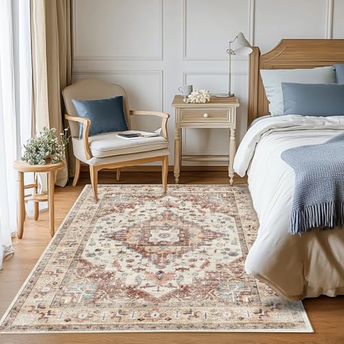 Area Rug for Living Room 3x5,Large Machine Washable Vintage Oriental Soft Carpet, Low Pile Thin Floor Area Rugs with Non Slip Backing for Office Door Mat Kitchen Bathroom Indoor Dorm Dining Room - color: Red, size: 3x5