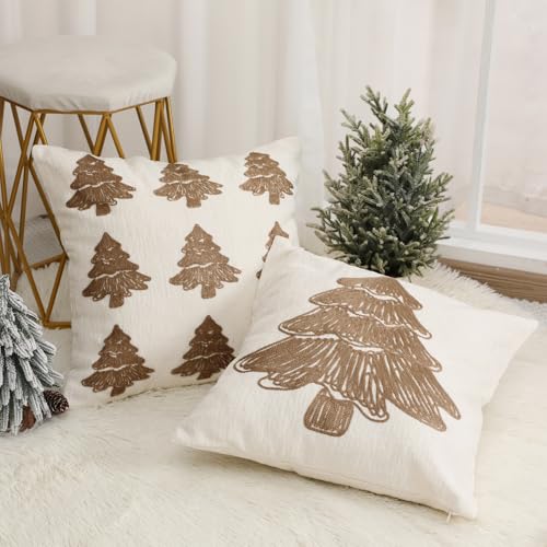 SmoothNovelty Tufted Cream Christmas Tree Pillow Covers Set of 2, 18x18 Inch Neutral Winter Throw Cushion Cases for Cozy Farmhouse Holiday Home Decor