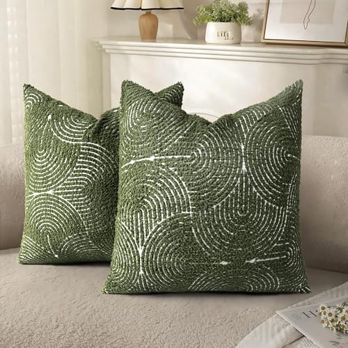 AELS Boho Decorative Textured Throw Pillow Covers 18x18, Modern Mid Century Rainbow Tufted Pillow Case, Farmhouse Rustic Geometric Woven Cushion Case for Bed Couch Sofa, Olive Green - color: Olive Green, size: 18" x 18" (Pack of 2)