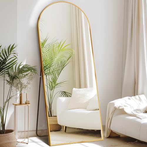 DUMOS 64"x21" Arched Full Length Mirror with Stand, Floor Body Mirror Shatter-proorf Nano Glass with Aluminum Frame, Free Standing or Hanging Leaning Modern Simple Home Decor, Gold - color: Gold-rounded, size: 64"L x 21"W
