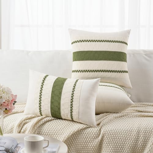 Fancy Homi Set of 2 Boho Moss Green Decorative Throw Pillow Cover 16x16 Inch for Couch Bed Sofa, Aesthetic Modern Organic Farmhouse Home Decor, Soft Cotton Cute Accent Macrame Woven Cushion Case - color: Moss Green, size: 16" x 16" (Pack of 2)