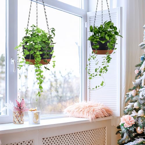 Set of 2 Hanging Planters for Indoor Outdoor Plants, 8 Inch Self-Watering Hanging Flower Pots with Drainage Hole & Removable Water-Storage Tray (Hooks) - color: Dark Grey, size: 8 Inch (S)