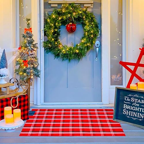 Ckorzen Red Green and White Plaid Rug, 28" x 43" Christmas Front Porch Outdoor Rug, Handwoven Cotton Washable Rug for Layered Door Mats, Holiday Entryway and Home Décor - color: Red-green & White, size: 2'4" x 3'7" (Rectangular)