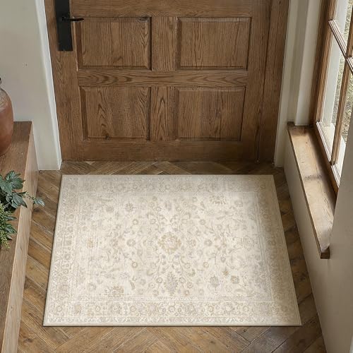 2x3 Beige Washable Area Rug for Living Room Bedroom Neutral Soft Floral Non Slip Thin Throw Rug Lightweight Vintage Low Pile Distressed Doormat Entrance Dinning Laundry Room Kitchen - color: Beige, size: 2'x3'