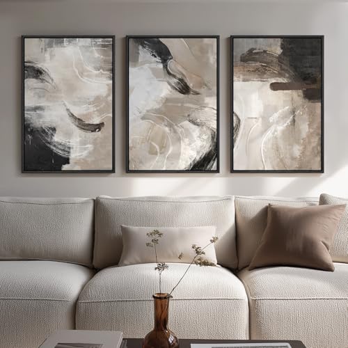 Framed Neutral Abstract Wall Art, 3 Piece Modern Minimalist Canvas Prints Paintings Artwork for Walls, Black Beige Brown Neutral Tone Pictures for Living Room Dining Room Bedroom Wall Decor 16x24 In - color: abstract Fluidity, size: 16" W x 24" H x 3pcs