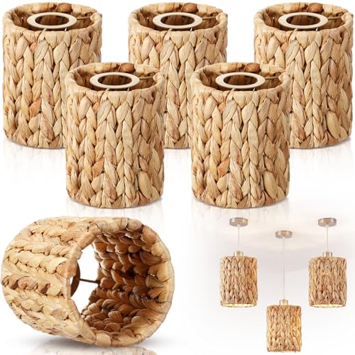 Gerrii 6 Pack Small Rattan Lamp Shades 5.91" (H) x 5"(D) Boho Woven Light Covers, Water Hyacinth Replacement Shades for Pendant Wall Ceiling Fixture, Clip on Bulb Decor