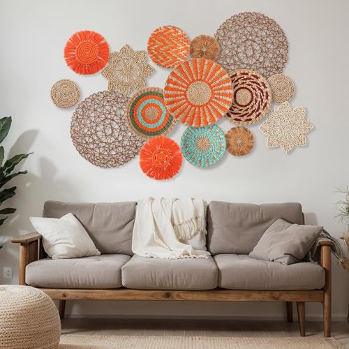 Anglechic 15 Pcs Boho Wall Basket Decor Woven Rattan Seagrass Wall Decor Hanging Rustic Farmhouse Western Art Decoration for Nursery Living Room Bedroom Home Kitchen(Orange Style) - style: Orange Style