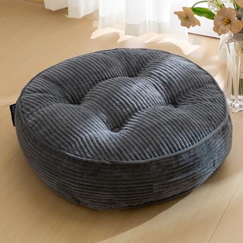 HIGOGOGO 6" Extra Thick Floor Pillow Cushion for Adults, Meditation Cushion Pillow, Large Round Floor Sitting, Tufted Corduroy Cover, for Tatami Living Room or Yoga, 22x22 Inch, Dark Grey - color: Round Dark Grey, size: 6" Thick(Pack of 1)