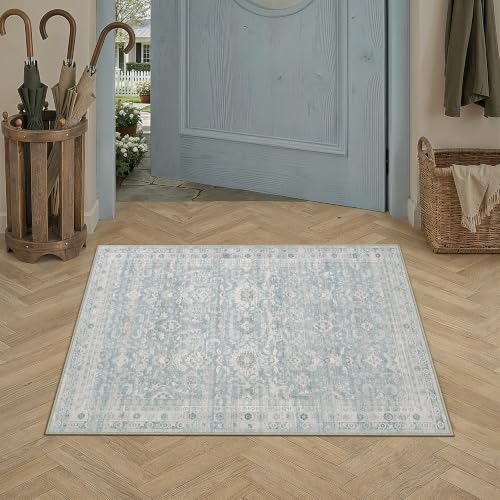 2x3 Blue Washable Neutral Area Rug for Living Room Distressed Floral Non Slip Thin Throw Rug Indoor Vintage Stain Resistant Distressed Doormat Entrance Dinning Laundry Room Kitchen Bathroom - color: Accent | Blue, size: 2'x3'