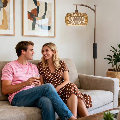 Ambimall Arc Floor Lamp for Living Room with Remote, Color Temperature & Brightness Adjustable, Bohemia Standing Lamp with Rattan & Fabric Double Drum Shades, Bulb Included(Brown) - color: Brown Bohemian