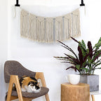 Macrame Woven Wall Hanging Tapestry Beige Curtain Fringe Tassel Garland Banner Boho Chic Home Decorative Interior Wall Decor Bohemian Ethnic Apartment Dorm Room Art Party Wedding Backdrop Decoration