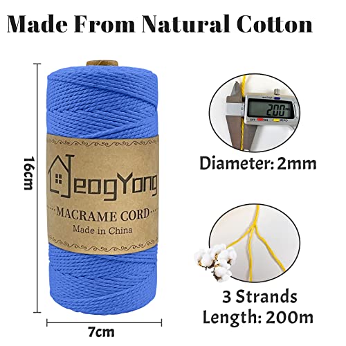 JeogYong Macrame Cord 2mm x 218 Yards, 3-Strand Twisted Natural Cotton Rope, Cotton String Coloured Craft Cord for Plant Hanger Wall Hanging Knitting Crafts, Blue Color - color: Blue