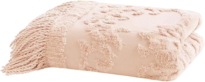 Madison Park 100% Cotton Tufted Chenille Design With Fringe Tassel Luxury Elegant Chic Lightweight, Breathable Cover, Luxe Cottage Room Décor Summer Blanket, 50" x 60", Blush