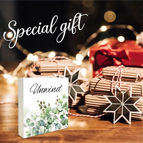 Greenery Wooden Block Sign - Unwind - 4"X4" Decorative Pine Wood Plaque, Home & Office Desk Decor, Housewarming Gift For Friends, Room Tabletop, Shelf Accessories - A10