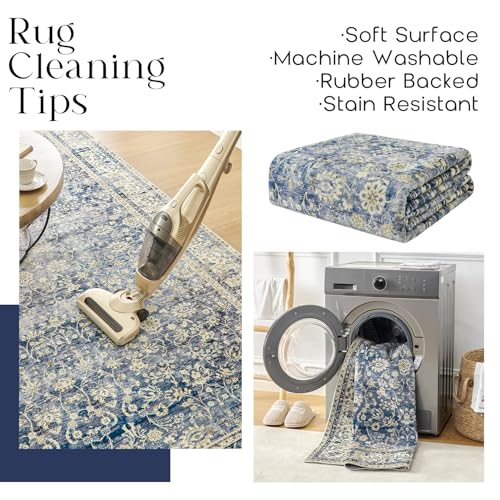 Blue 2x6 Runner Rug for Hallway Low Pile Kitchen Rugs Non Slip Washable Vintage Floral Distressed Design Carpet for Entryway Bedroom Boho Retro Dark Blue Rug for Bathroom Indoor 2 x 6 - color: Blue, size: 2' x 6' (Rectangular)