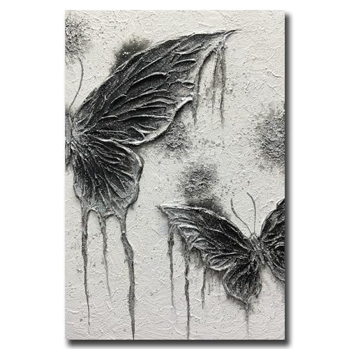 Boiee Art,24x36Inch Textured Hand Painted Vintage Butterfly Art Gothic Style Moth Artwork Elegant Abstract Wall Art Oil Painting Wood Inside Framed Ready to Hang - color: Coal black & White, size: 24"L x 36"W