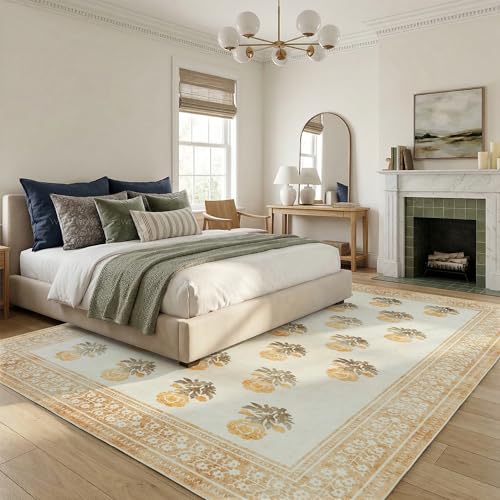 Beige Brown Floral Living Room Rug 5x7 Area Rug - Vintage Washable Rug for Dining Room, Bedroom, Ultra Soft Low Pile Non Slip Stain Resistance Distressed Boho Farmhouse Flower Carpet - color: Beige/Brown/Yellow, size: 5' x 7' (Rectangular)