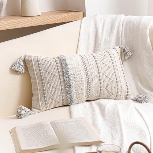 BlissBlush 12x20 Lumbar Pillow Cover, Cream Neutral Rectangular Decorative Cushion Cover with Gray Pattern, Boho Accent Pillowcase with Tassels for Couch Sofa Living Room (Cover Only) - color: Gray, size: 20" x 12" (Pack of 1)