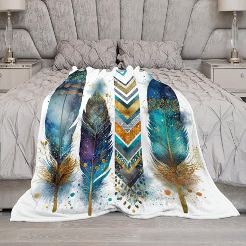 Blanket Feather Pattern Blue Throw Blanket for Women Men, 40"x50" Vintage Watercolor Gold Branch Plush Flannel Throws, Decor for Bed Couch Bedroom - color: Feather Pattern Blue, size: 40"x50"