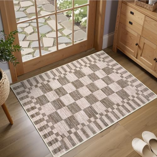 GarveeHome Brown Checkered Rug 2x3 Washable Rug Non-Slip for Entryway, Geometric Tan Brown Print Soft Low-Pile Small Area Rugs,Beige Neutral Modern Geometric Rugs for Kitchen - color: Brown, size: 2' x 3' (Rectangular)