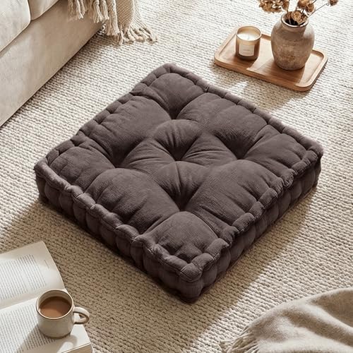Intelligent Design Floor Pillow - Shredded Foam Filled Meditation & Yoga Cushion, Chenille Tufted, Handsewn Scalloped Edge, Oeko-TEX Certified, Azza, 20" x 20" x 5" Brown - color: Brown