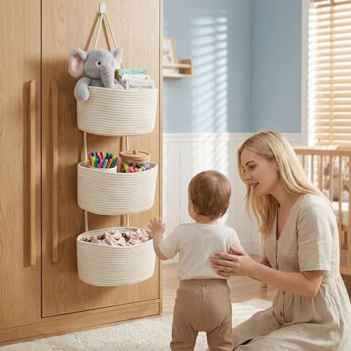 White 3-Tier Woven Cotton Rope Hanging Basket, Over the Door Organizer, Adjustable Detachable Wall Basket with Metal & Adhesive Hooks, No Drilling for Kitchen, Pantry & Fruit Produce Storage - style: White