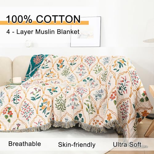 Boho Throw Blanket 60"x80", 100% Cotton Muslin Blankets for Couch Bed Sofa Chair, 4-Layer Soft Cozy Quilt Travel Blanket with Floral, Farmhouse Decor,All Seasons(White&Blue) - color: Lantern Grid