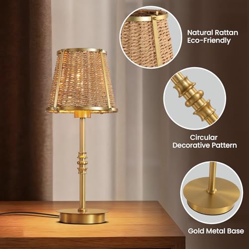 Bedside Table Lamp for Bedroom: Rattan Desk Lamp with Dimming Knob & AC Outlet, 18'' Vintage Nightstand Lamp with 70.8'' Power Cord for Living Room Dorm Office Kids Room Ambient Lighting(E26, No Bulb) - size: Corded Electric