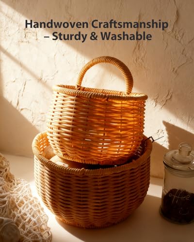 2 Pack Wall Hanging Rattan Baskets, Hand-Woven Storage Basket, Small Wall Hanging Baskets for Kitchen, Washable Decorative Basket, Potato Garlic Onion Storage Baskets - style: Minimal Style