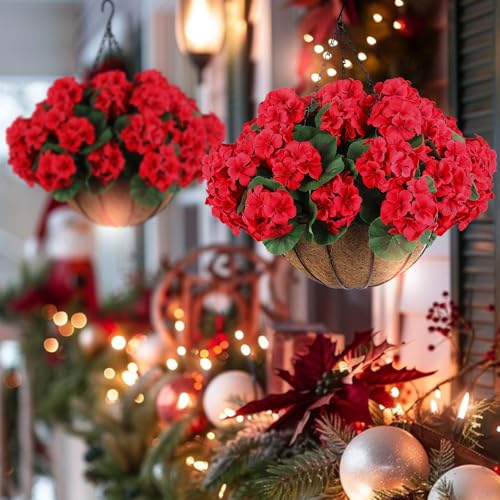 Hananona 2 Set Artificial Red Geraniums Flowers for Outdoors with Hanging Baskets, 2 Hanging Planters with 12 Pcs Red Geranium Flowers for Christmas Front Porch Garden Patio Home Decor (2, Red) - color: Red