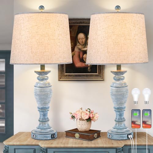 Blue Lamps Set of 2, 27.7" Table Lamps for Living Room with USB A+C Ports, Touch Lamp for Bedroom, 2 Bulbs Included - color: Teal-1
