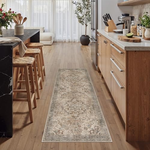 PureCozy Brown Runner Rug 2x6 Washable Vintage Long Carpet Low Pile Traditional Distressed Retro Accent Indoor Hallway Throw Rug Non Slip for Kitchen Laundry Bathroom Dining Room - color: Vintage | Brown, size: 2' x 6' (Runner)