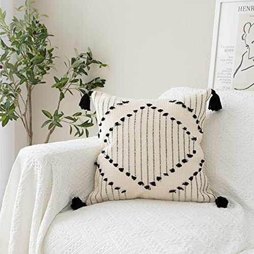 LIGICKY Decorative Boho Tassel Throw Pillow Covers for Couch Sofa Bedroom Living Room Home Decoration Diamond Square Woven Cotton Cushion Cover Modern Black and White Pillow Cases, 18 x 18 Inch - color: Black and Off White (Big Diamond), size: 18" x 18" (