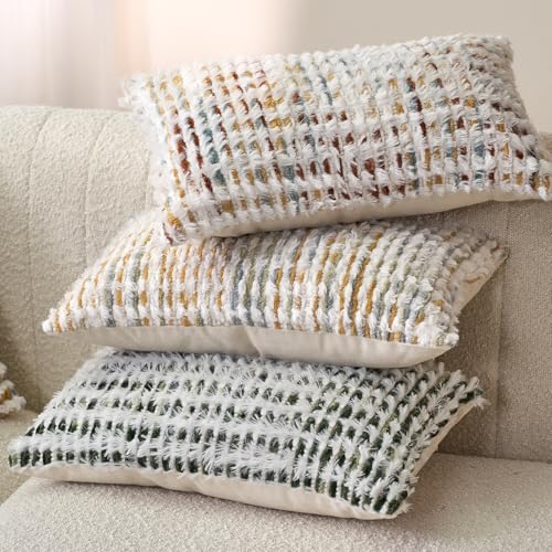 Aeckself Boho Chenille Tufted Pillow Cover 12 x 20 Inch, Rectangle Decorative Lumbar Throw Pillow Cover Neutral Pillowcase for Couch Bedroom Living Room, Green White - color: Green White, size: 20" x 12" (Pack of 1)