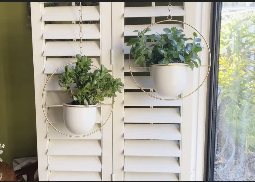 2 Pack Hanging Planters for Indoor Plants with 5.5" Pot + Ceiling Hook + Extender Chain | Hanging Plant Holder, Metal Minimalist Planter, NO Plant incld - color: Gold & White