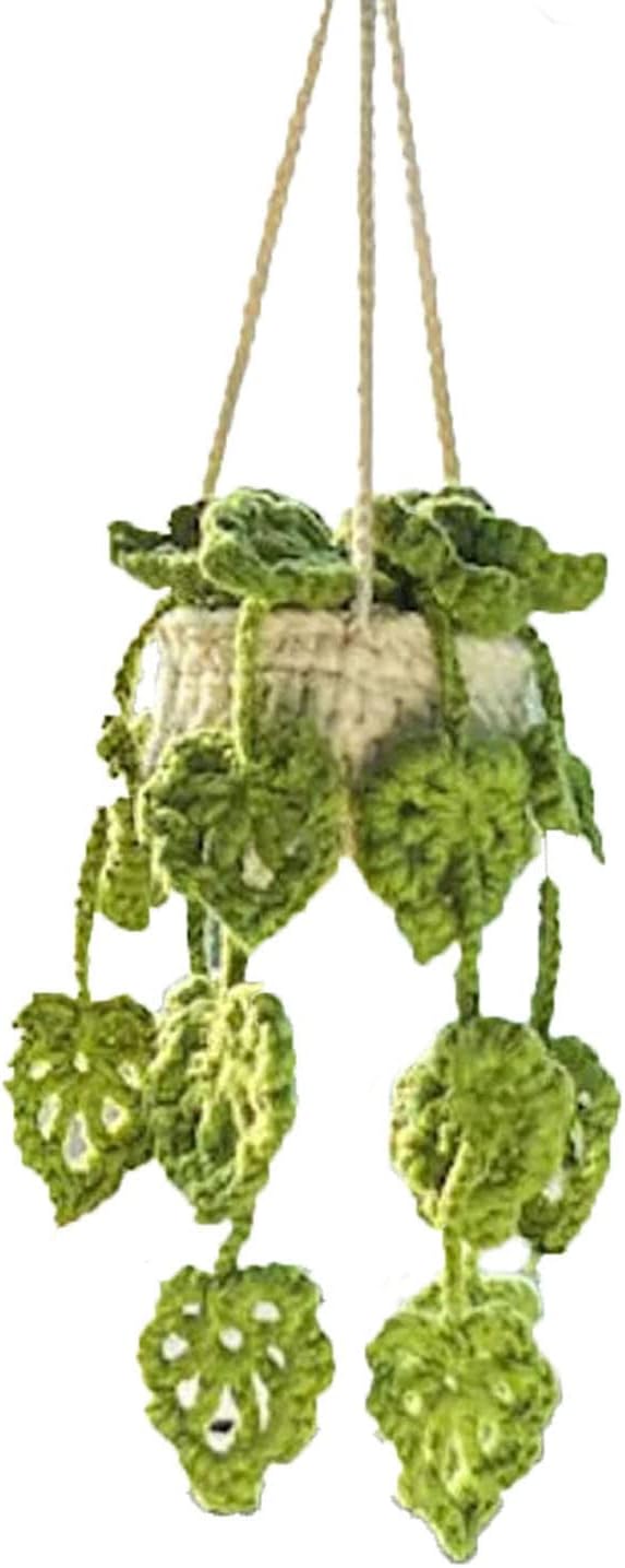 Crochet Hanging Plant for Car Mirror, Cute Accessories, Knitted Boho Hanger Basket (E)