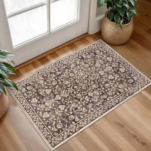 Vintage Entryway Rug Indoor, Rust Brown Red Washable Rug 2x3, Small Area Rug with Non-Slip Backing, Floral Print Thin Faux Wool Super Soft Door Mat for Kitchen, Entrance, Bedroom, Office - color: Rust Brown Red, size: 2' x 3' (Rectangular)