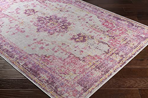 Hauteloom Laureldale Oriental Living Room, Bedroom, Girl Room Area Rug - Bohemian, Boho Medallion - Vintage Distressed - Low Pile Carpet - Pink, Purple, Grey, Yellow - 6'7" x 8'10" - color: Red, Light Gray, Lavender / Laureldale, size: 6'7" x 9'6" (Rectan