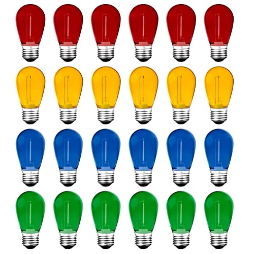 Meconard 24Pack S14 Colored LED String Light Bulbs,1Watt Plastic Shatterproof Waterproof Outdoor Indoor Replacement Bulbs for Home Decor, E26 Medium Base, Multi-Color: Red/Green/Blue/Orange - color: Multi-colored, size: 24 Count (Pack of 1)