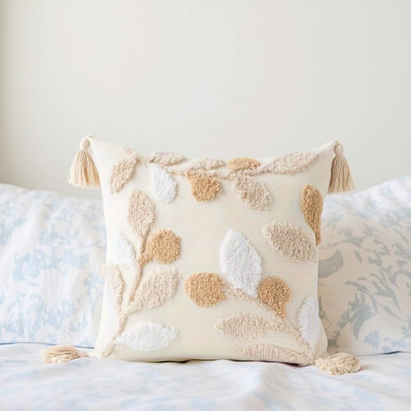 Andreannie Pack of 2 Boho Tufting Throw Pillow Cover Embroidered Textured Cushion Cover with Tassels Soft Home Decororative for Couch Sofa 18x18 inch (Leaves) - color: Leaves